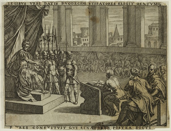 Giovanni Battista Fontana, Italian, 1524-1587, Having Given the Laws, He Choses Twelve Bodyguards and a Hundred Men Who Will, 1573, etching and engraving printed in black ink on laid paper, Sheet: 5 3/8 × 7 inches (13.7 × 17.8 cm)