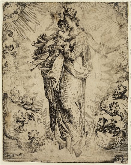 Caspar Fraisinger, German, Virgin with a Glory of Angels, 1595, Etching printed in black with touches of pen and ink on laid paper, sheet (trimmed within plate mark):