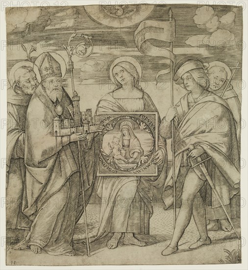 Jacopo Francia, Italian, 1484-1557, The Patron Saints of Bologna, between 1484 and 1557, engraving printed in black ink on laid paper, Sheet (trimmed within plate mark): 9 7/8 × 9 inches (25.1 × 22.9 cm)