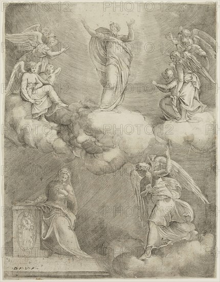 Giovanni Battista Franco, Italian, 1510-1580, The Annunciation, between 1510 and 1580, engraving printed in black ink on laid paper, Plate: 13 1/2 × 10 1/2 inches (34.3 × 26.7 cm)