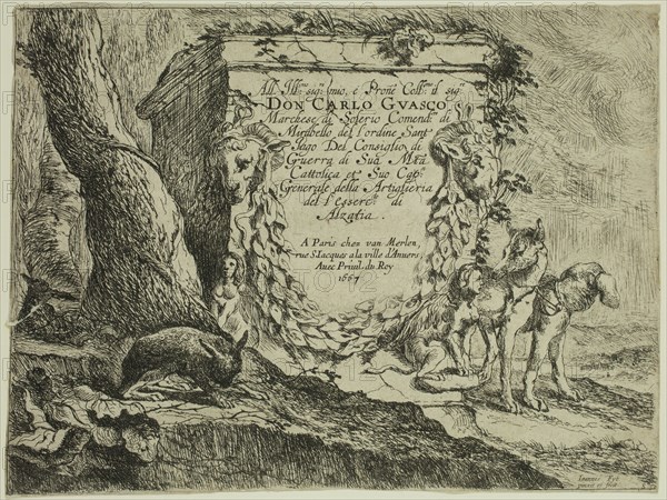 Jan Fyt, Flemish, 1611-1661, Title Page: Pedestal and a Pair of Dogs, 1642, etching printed in black ink on laid paper, Sheet (trimmed within plate mark): 6 1/2 × 8 5/8 inches (16.5 × 21.9 cm)