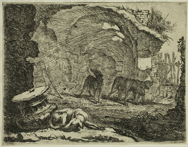 Jan Fyt, Flemish, 1611-1661, Dogs and Fallen Architecture, 1642, etching printed in black ink on laid paper, Plate: 6 1/2 × 8 1/2 inches (16.5 × 21.6 cm)