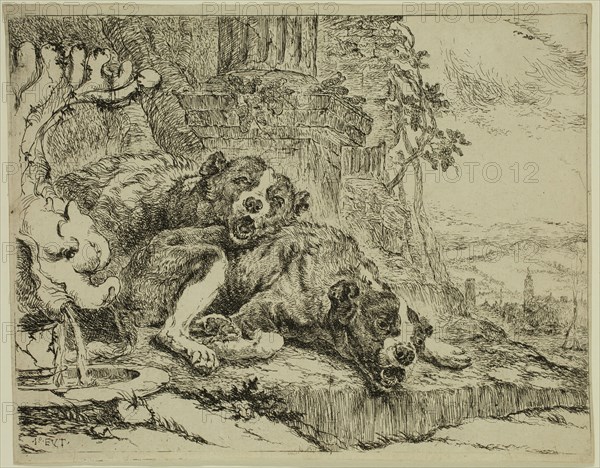 Jan Fyt, Flemish, 1611-1661, Two Dogs Near a Fountain, 1642, etching printed in black ink on laid paper, Plate and sheet: 6 3/4 × 8 3/4 inches (17.1 × 22.2 cm)