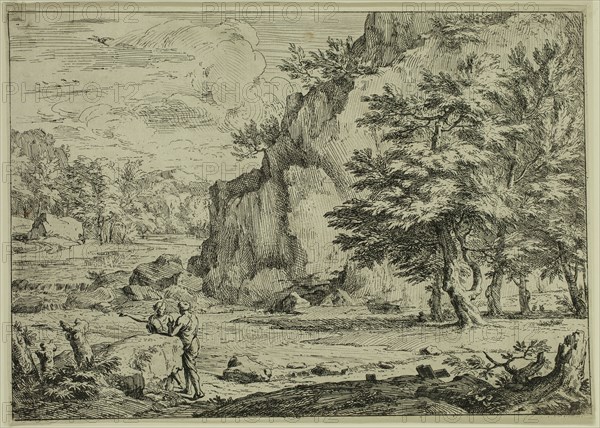 Abraham Genoels, Flemish, 1640-1723, The Large Rock, between 1640 and 1723, etching printed in black ink on laid paper, Sheet (trimmed within plate mark): 8 1/4 × 11 3/4 inches (21 × 29.8 cm)