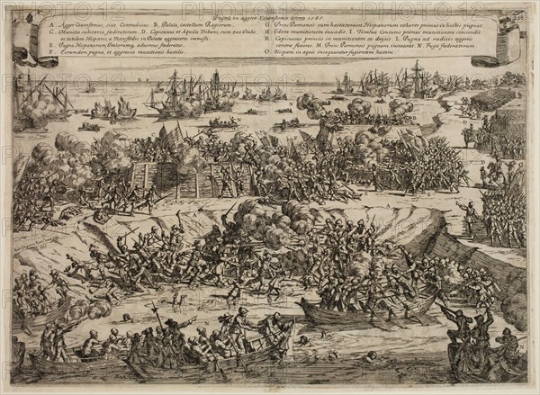 Giacinto Gimignani, Italian, 1611-1681, Battle of Covensteyn in 1585, 1647, etching printed in black ink on laid paper, Plate: 12 1/8 × 16 5/8 inches (30.8 × 42.2 cm)