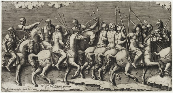 Diana Scultori, Italian, 1535-1587, after Giulio Romano, Italian, 1499-1546, March of Cavalry, 1575, engraving printed in black ink on laid paper, Sheet (trimmed within plate mark): 6 5/8 × 12 5/8 inches (16.8 × 32.1 cm)