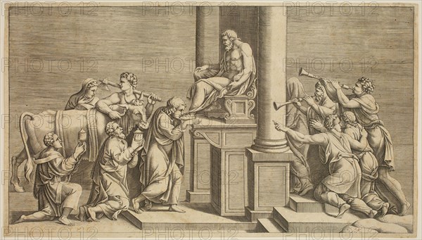 Diana Scultori, Italian, 1535-1587, after Giulio Romano, Italian, 1499-1546, Bull Offered in Sacrifice to a Statue of Jupiter, between 1535 and 1587, engraving printed in black ink on laid paper, Image: 8 1/2 × 15 3/8 inches (21.6 × 39.1 cm)