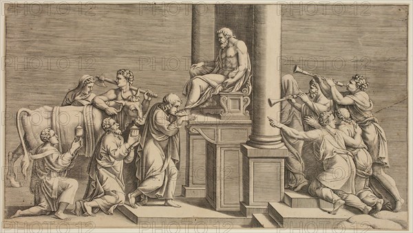 Diana Scultori, Italian, 1535-1587, after Giulio Romano, Italian, 1499-1546, Bull Offered in Sacrifice to a Statue of Jupiter, between 1535 and 1587, Engraving printed in black ink on wove paper, Image: 8 1/2 × 15 1/4 inches (21.6 × 38.7 cm)