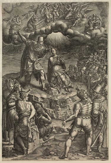 Giorgio Ghisi, Italian, 1520-1582, The Martyrdom of Saint Barbara, between 1575 and 1579, engraving printed in black ink on laid paper, Sheet (trimmed within plate mark): 10 5/8 × 7 1/8 inches (27 × 18.1 cm)