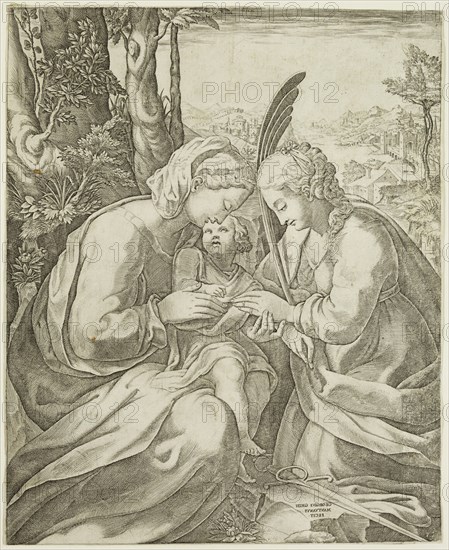 Giorgio Ghisi, Italian, 1520-1582, after Correggio, Italian, ca. 1489-1534, The Mystic Marriage of Saint Catherine, 1575, engraving printed in black ink on laid paper, Sheet (trimmed within plate mark): 10 3/8 × 8 1/2 inches (26.4 × 21.6 cm)