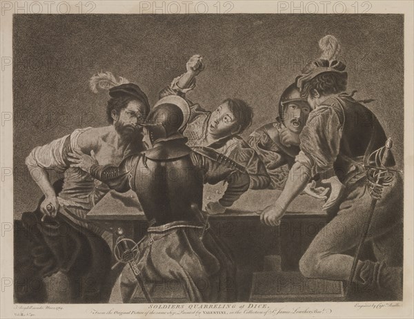 William Baillie, English, 1723-1810, Soldiers Quarreling at Dice, 1769, etching printed in black ink on laid paper, Plate: 11 1/2 × 15 inches (29.2 × 38.1 cm)
