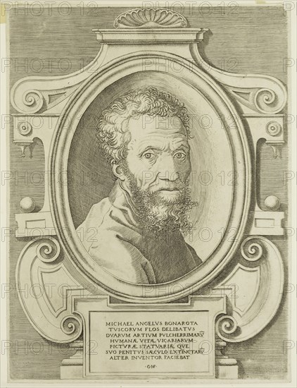 Giorgio Ghisi, Italian, 1520-1582, after Marcello Venusti, Italian, 1512-1579, Michelangelo, ca. 1565, engraving printed in black ink on laid paper, Plate: 10 1/2 × 7 3/4 inches (26.7 × 19.7 cm)