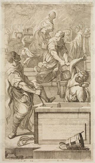 Giacomo Maria Giovannini, Italian, 1667-1717, after Lodovico Carracci, Italian, 1555-1619, Saint Benedict Subduing the Fire in the Monastery Kitchen, c. 1694, Etching and engraving printed in black on laid paper, plate: 15 x 8 1/2 in.