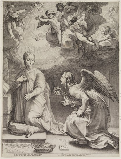 Hendrick Goltzius, Dutch, 1558-1617, Annunciation, 1594, engraving printed in black ink on laid paper, Sheet (trimmed within plate mark): 18 5/8 × 13 7/8 inches (47.3 × 35.2 cm)