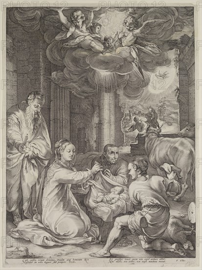 Hendrick Goltzius, Dutch, 1558-1617, Adoration of the Shepherds, 1594, engraving printed in black ink on laid paper, Plate: 18 3/4 × 13 7/8 inches (47.6 × 35.2 cm)