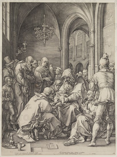 Hendrick Goltzius, Dutch, 1558-1617, Circumcision, 1594, engraving printed in black ink on laid paper, Sheet (trimmed within plate mark): 18 3/4 × 13 7/8 inches (47.6 × 35.2 cm)