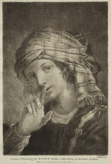 William Baillie, English, 1723-1810, after Guido Reni, Italian, 1575-1642, Girl Wearing a Turban with Her Forefinger to Her Lips, between 1723 and 1799, etching printed in black ink on wove paper, Plate: 9 × 6 1/8 inches (22.9 × 15.6 cm)