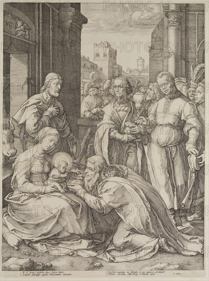 Hendrick Goltzius, Dutch, 1558-1617, Adoration of the Magi, 1593, engraving printed in black ink on laid paper, Plate: 18 7/8 × 13 7/8 inches (47.9 × 35.2 cm)