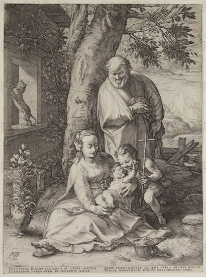 Hendrick Goltzius, Dutch, 1558-1617, Holy Family, 1593, engraving printed in black ink on laid paper, Sheet (trimmed within plate mark): 18 5/8 × 13 7/8 inches (47.3 × 35.2 cm)