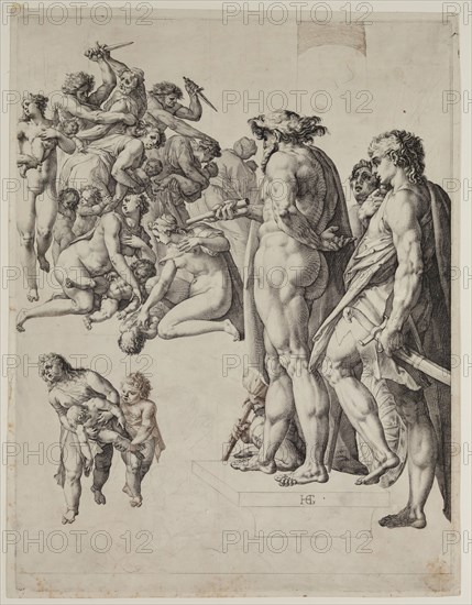 Hendrick Goltzius, Dutch, 1558-1617, Massacre of the Innocents, ca. 1617, engraving printed in black, pen and brown ink and graphite on laid paper, Plate: 19 × 14 3/4 inches (48.3 × 37.5 cm)