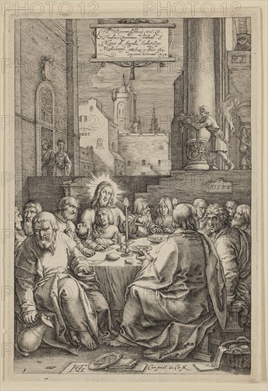 Hendrick Goltzius, Dutch, 1558-1617, Last Supper, 1598, engraving printed in black ink on laid paper, Plate: 7 7/8 × 5 1/4 inches (20 × 13.3 cm)