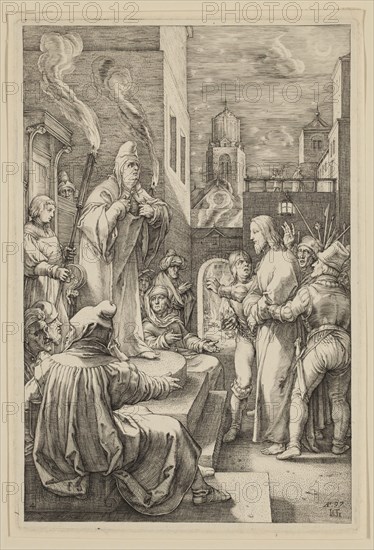Hendrick Goltzius, Dutch, 1558-1617, Christ Before Caiphas, 1597, engraving printed in black ink on laid paper, Plate: 8 × 5 3/8 inches (20.3 × 13.7 cm)