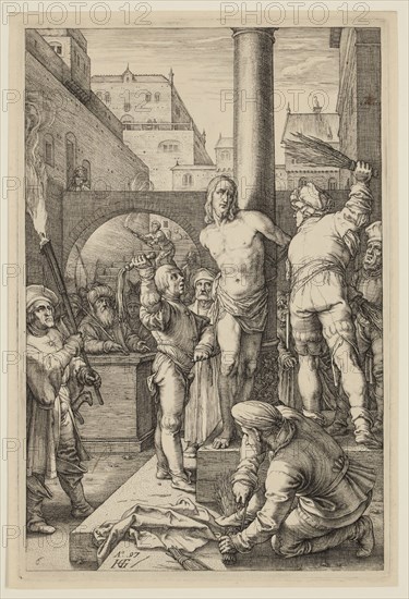 Hendrick Goltzius, Dutch, 1558-1617, Flagellation of Christ, 1597, engraving printed in black ink on laid paper, Plate: 8 × 5 1/4 inches (20.3 × 13.3 cm)
