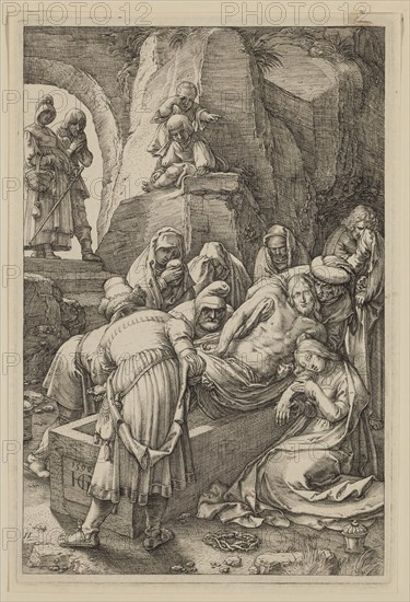 Hendrick Goltzius, Dutch, 1558-1617, Burial of Christ, 1596, engraving printed in black ink on laid paper, Plate: 8 × 5 3/8 inches (20.3 × 13.7 cm)
