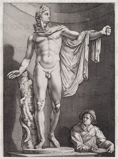 Hendrick Goltzius, Dutch, 1558-1617, Apollo Belvedere, between 1558 and 1599, engraving printed in black ink on laid paper, Sheet (trimmed within plate mark): 16 1/4 × 11 7/8 inches (41.3 × 30.2 cm)