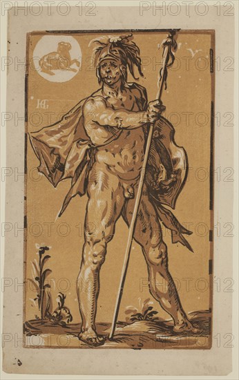 Hendrick Goltzius, Dutch, 1558-1617, Mars, between 1558 and 1617, chiaroscuro woodcut printed in black, brown and yellow-brown ink on laid paper, Image: 9 1/2 × 5 5/8 inches (24.1 × 14.3 cm)