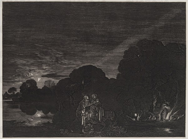 Hendrik Goudt, Dutch, 1585-1630, after Adam Elsheimer, German, 1574-1620, The Flight into Egypt, 1613, engraving and etching printed in black ink on laid (?) paper, Sheet (trimmed within plate mark): 11 5/8 × 15 3/4 inches (29.5 × 40 cm)