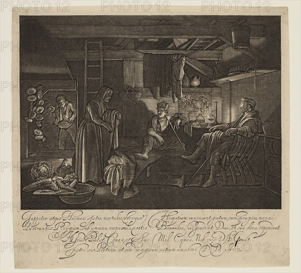 Hendrik Goudt, Dutch, 1585-1630, after Adam Elsheimer, German, 1574-1620, Jupiter and Mercury in the House of Philemon and Baucis, 1612, engraving printed in black ink on laid paper, Plate: 8 3/8 × 8 7/8 inches (21.3 × 22.5 cm)