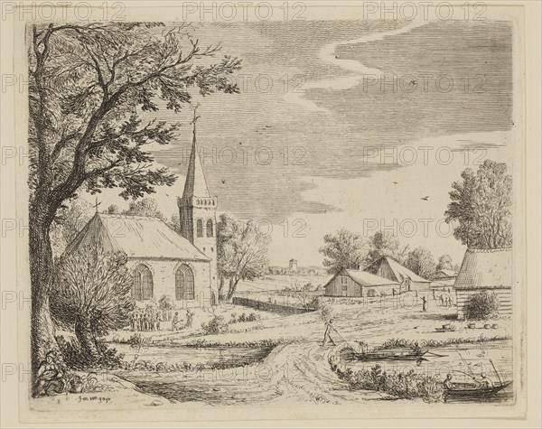 Jan van de Capelle, Dutch, 1626-1679, The Grave Diggers Before the Church, between 1626 and 1679, etching and engraving printed in black ink on laid paper, Plate: 5 1/2 × 6 7/8 inches (14 × 17.5 cm)