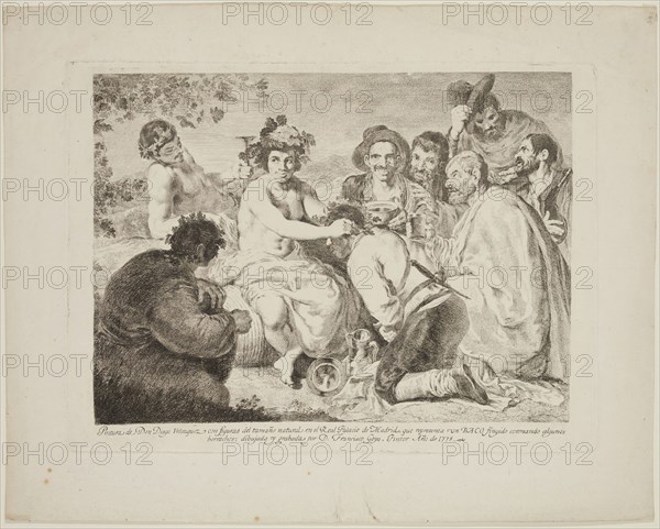 Francisco Goya, Spanish, 1746-1828, after Diego Rodríguez de Silva Velázquez, Spanish, 1599-1660, A False Bacchus Crowning Some Drunkards, ca. 1778, etching printed in black ink on laid paper, Plate: 12 5/8 × 17 1/8 inches (32.1 × 43.5 cm)