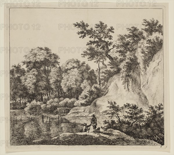 Jan Hackaert, Dutch, 1628 - after 1685, The Large Rock at the Bank of the River, 17th century, etching printed in black ink on laid paper, Plate: 7 7/8 × 8 3/4 inches (20 × 22.2 cm)
