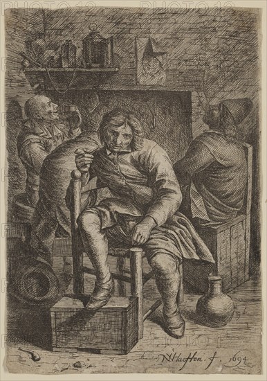 Nicolas Walraven van Haeften, Dutch, 1663-1715, The Large Smoker, 1694, etching printed in black ink on laid paper, Sheet (trimmed within plate mark): 6 7/8 × 4 3/4 inches (17.5 × 12.1 cm)