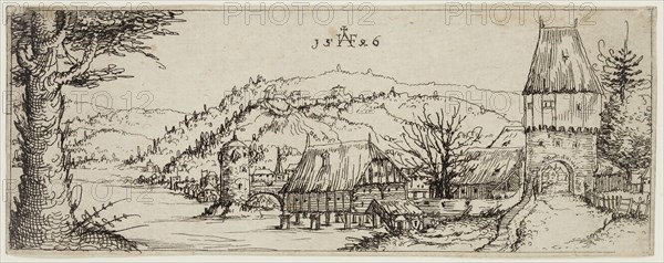 Augustin Hirschvogel, German, 1503-1569, River Landscape with a Village at the Right Shore, 1546, etching printed in black ink on laid paper, Sheet (trimmed within plate mark): 2 1/2 × 6 5/8 inches (6.4 × 16.8 cm)