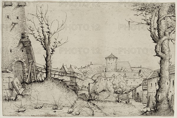 Augustin Hirschvogel, German, 1503-1569, Courtyard of a Castle, 1546, etching printed in black ink on laid paper, Sheet (trimmed within plate mark): 5 1/2 × 8 1/8 inches (14 × 20.6 cm)