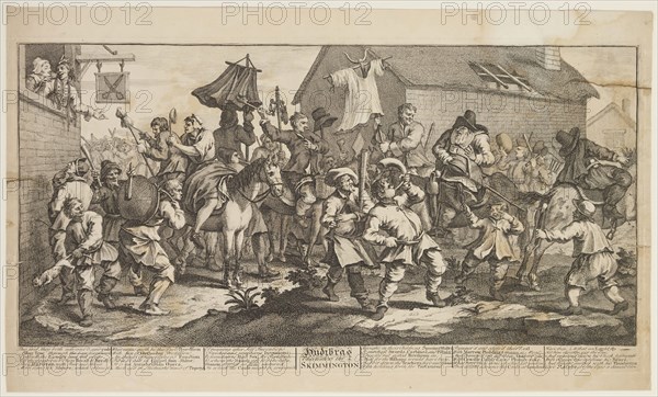 William Hogarth, English, 1697-1764, Hudibras Encounters the Skimmington, between 1725 and 1726, engraving and etching printed in black ink on laid paper, Plate: 10 5/8 × 20 inches (27 × 50.8 cm)