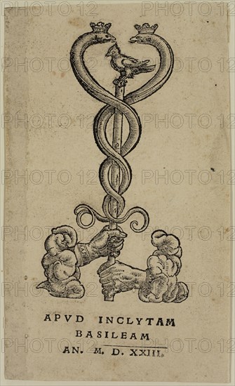 Hans Holbein the Younger, German, 1497-1543, Printer's Mark of Johan Froben, 1523, metal cut printed in black ink on laid paper, Image: 4 3/8 × 2 1/2 inches (11.1 × 6.4 cm)