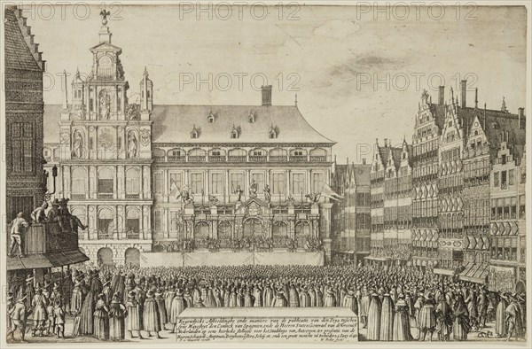 Wenceslaus Hollar, German, 1607-1677, Proclamation of Peace at Antwerp, 1648, etching printed in black ink on laid paper, Sheet (trimmed within plate mark): 8 3/8 × 13 1/8 inches (21.3 × 33.3 cm)