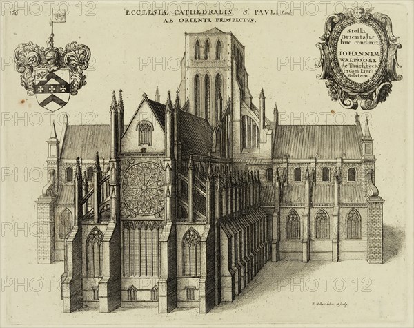 Wenceslaus Hollar, German, 1607-1677, Old Saint Paul's, Exterior: East, ca. 1658, etching printed in black ink on laid paper, Plate: 7 5/8 × 9 1/2 inches (19.4 × 24.1 cm)