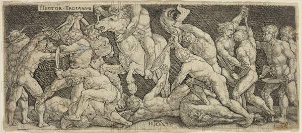 Heinrich Aldegrever, German, 1502-1561, Hector Fighting Against the Greeks, 1532, engraving printed in black ink on laid paper, Plate: 2 1/8 × 5 inches (5.4 × 12.7 cm)