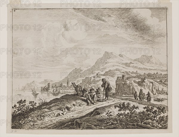 Jan van Aken, Dutch, 1614-1661, after Herman Saftleven the Younger, Dutch, 1609-1685, Landscape with Resting Travelers, 17th century, etching printed in brown-black ink on laid paper, Plate: 8 3/8 × 10 3/4 inches (21.3 × 27.3 cm)