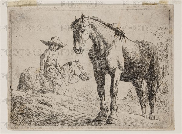 Jan van Aken, Dutch, 1614-1661, Standing Horse and Mounted Peasant, 17th century, etching printed in black ink on laid paper, Plate: 2 3/4 × 3 7/8 inches (7 × 9.8 cm)