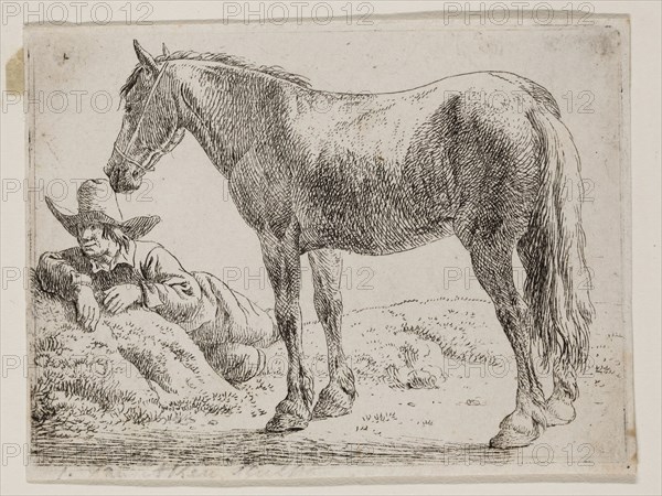Jan van Aken, Dutch, 1614-1661, Standing Horse and Reclining Peasant, 17th century, etching printed in black ink on laid paper, Plate: 2 3/4 × 3 3/4 inches (7 × 9.5 cm)