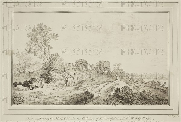 William Baillie, English, 1723-1810, after Pieter Molyn the Elder, Dutch, 1595-1661, Landscape with Wagons Ascending a Hill, 1773, crayon manner engraving printed in black ink on wove paper, Plate: 8 7/8 × 13 inches (22.5 × 33 cm)