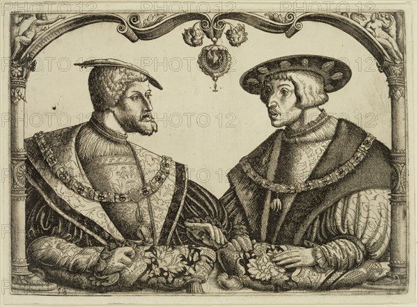 C.B. Hopfer, German, active ca. 1531, Emperor Charles V and His Brother Ferdinand, between 1517 and 1532, etching printed in black ink on laid paper, Plate: 7 7/8 × 10 7/8 inches (20 × 27.6 cm)