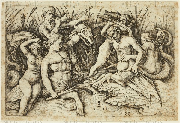 Daniel Hopfer, German, 1470-1536, after Andrea Mantegna, Italian, 1431-1506, Combat Between Two Tritons, early 16th century, etching printed in black ink on laid paper, Image: 6 × 9 1/8 inches (15.2 × 23.2 cm)