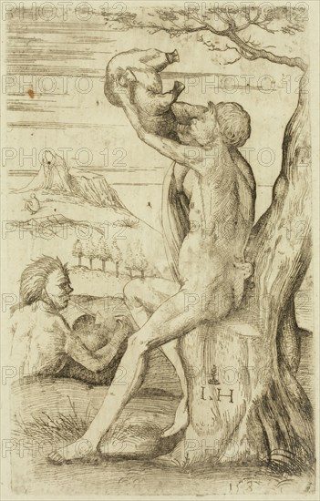 Hieronymus Hopfer, German, active ca. 1520-1530, after Jacopo de Barbari, Italian, 1440-1516, Satyrs Drinking Wine and Playing Bagpipes, early 16th century, etching printed in brown ink on laid paper, Plate: 5 3/8 × 3 3/8 inches (13.7 × 8.6 cm)
